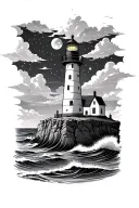 stormy sea lighthouse overlooking on cliff full moon and stars between the clouds tattoo design idea