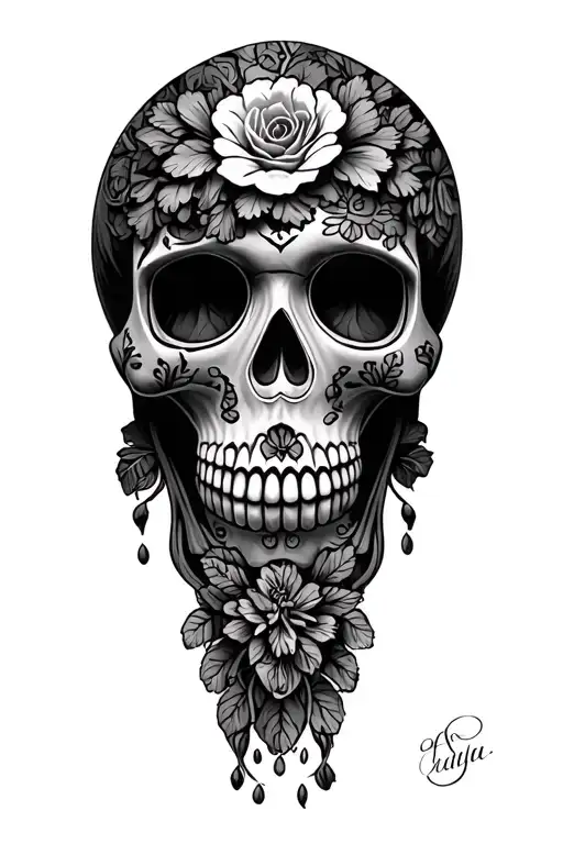 sugar skull and skull with parsley  tattoo design idea