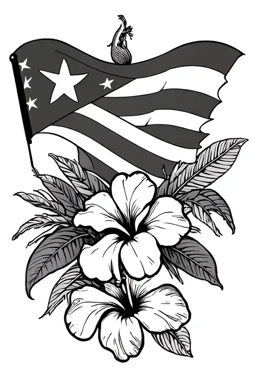 Black and white quarter sleeve Puerto Rican themed. Puerto Rican flag, hibiscus flower, and el coqui NO HUMANS NO color tattoo design idea