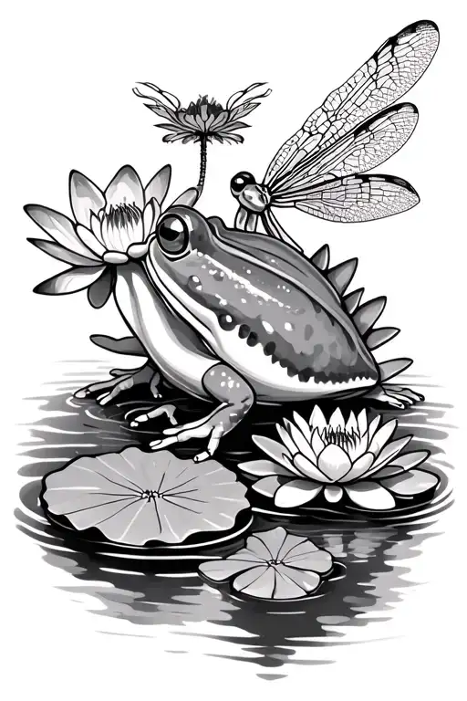 pond, frog, water lily, dragonfly, water lily pad tattoo design idea