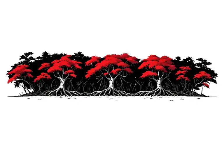 red mangroves, accurate roots and leaves, separation between roots and trunk, black & white, no trees background, chaos tattoo design idea