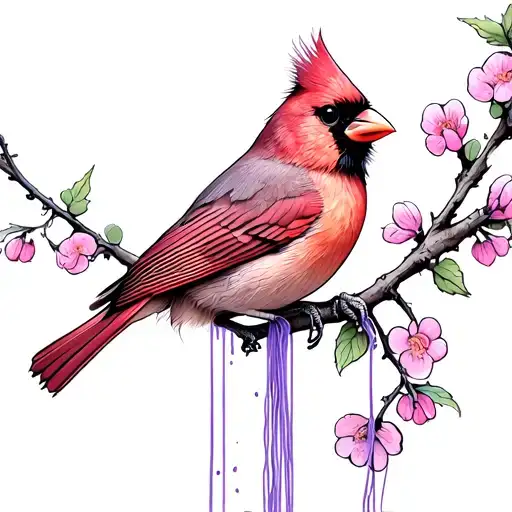 Cardinal perched on very flowery branch with purple yarn hanging out of the cardinals beak and flowing in the wind tattoo design idea