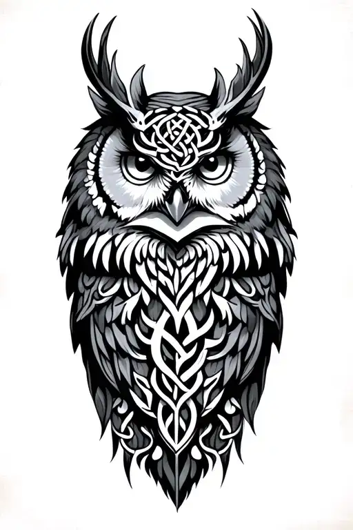 owl and celtic deer head with trees tattoo design idea