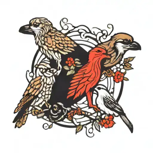 A dog/a bird/5 family members intertwined with sparrow silhouettes tattoo design idea