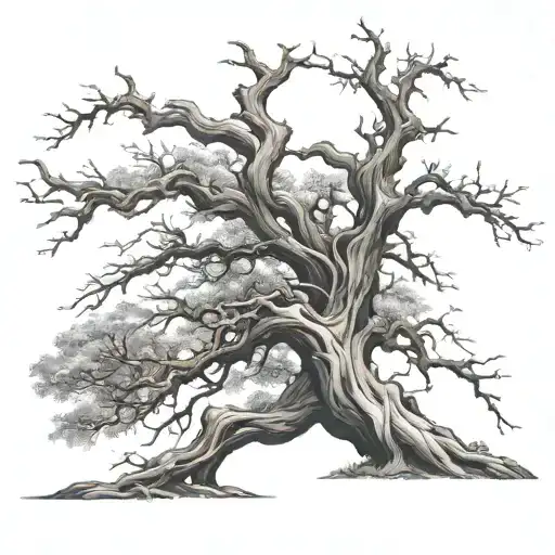The Tree: Type: A large, slightly withered or decaying tree, possibly an oak or gnarled branch. Features: Twisted, bare  tattoo design idea