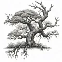 The Tree: Type: A large, slightly withered or decaying tree, possibly an oak or gnarled branch. Features: Twisted, bare  tattoo design idea