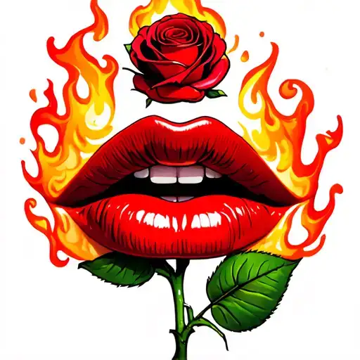 rose stem  in mouth of red lips with fire all around picture  tattoo design idea