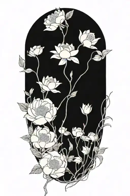 one continours string vine with small roses, small peonies, small daisies, small lotuses that are spaced out tattoo design idea