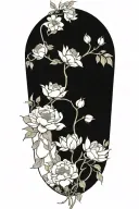 one continours string vine with small roses, small peonies, small daisies, small lotuses that are spaced out tattoo design idea