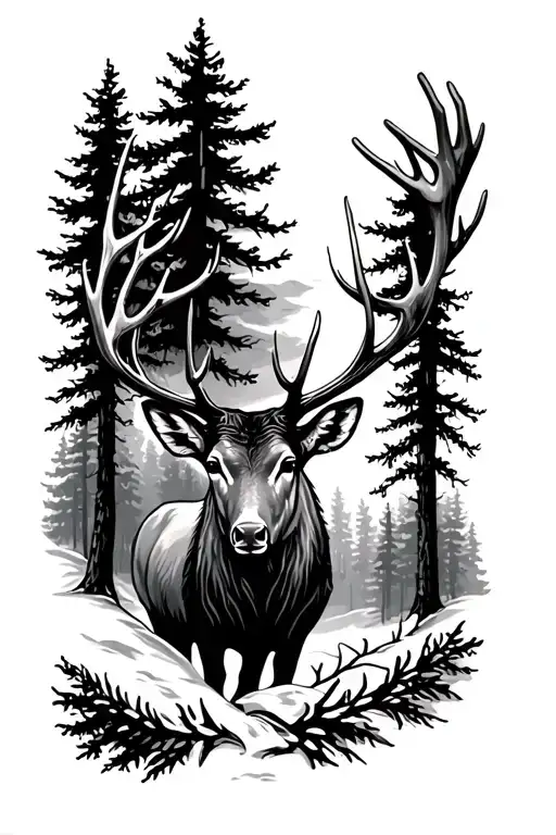 elk and deer head with trees tattoo design idea