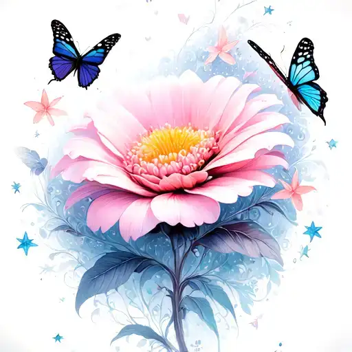 a beautiful fairy-tale flower, surrounded by butterflies and stars tattoo design idea