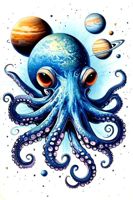 octopus surrounded by the solar system planets tattoo design idea