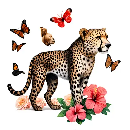 I want a cheetah surrounded by hibiscus flowers, butterflies, and a bear in a little bear. There should also be three du tattoo design idea