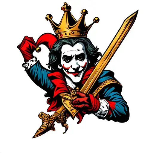 jester with a king crown and sword tattoo design idea