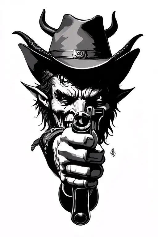Cowboy devil suit aiming gun at me tattoo design idea