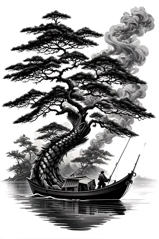 tree of like fishing koi fish smoke rising boat sailing toward pine tree around river tattoo design idea