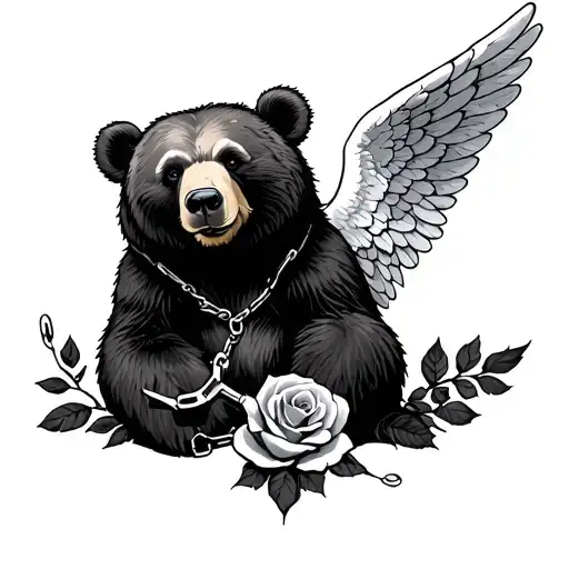 bear with broken hand cuffs and angel with rose tattoo design idea