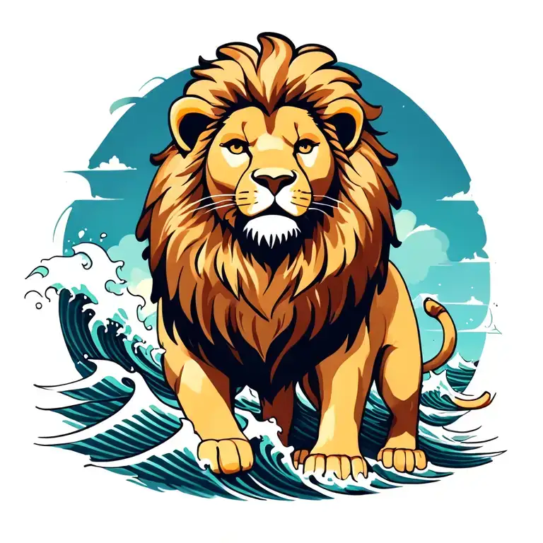 lion standing tall amidst crashing waves tattoo design idea