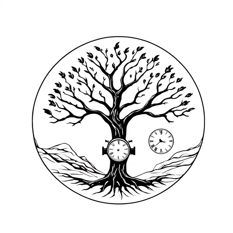 tree of life with Mother Nature and father time waits tattoo design idea