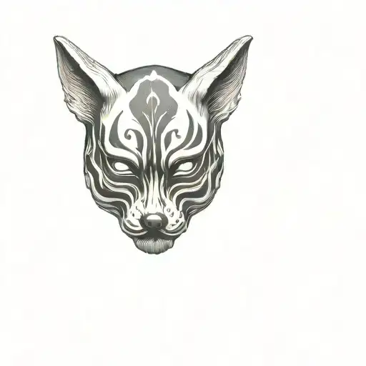 mask divided into two. left side is a japanese red demon face. right side is a japanese fox mask. tattoo design idea