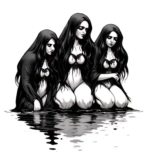 Three mourning widows on the knees in a puddle of tears tattoo design idea