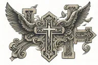a cross made of only Roman numerals 26 horizontally and 28 vertically with two small doves flying beside it  tattoo design idea