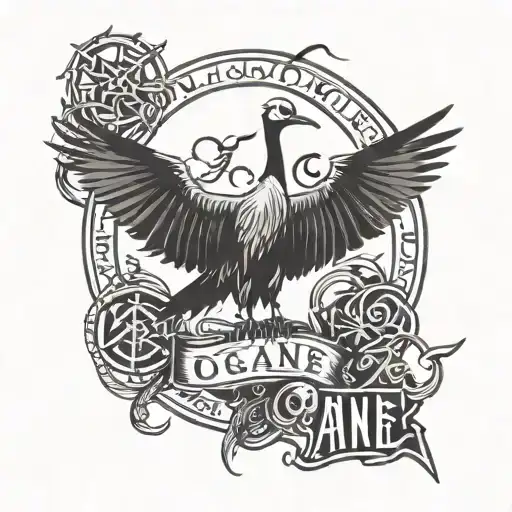 crane, with a text in the style of metal music, hard rock, the text metal is religion, symbol pagans tattoo design idea