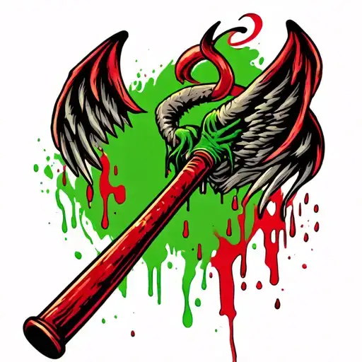 baseball bat covered in blood with devil wings and horns tattoo design idea