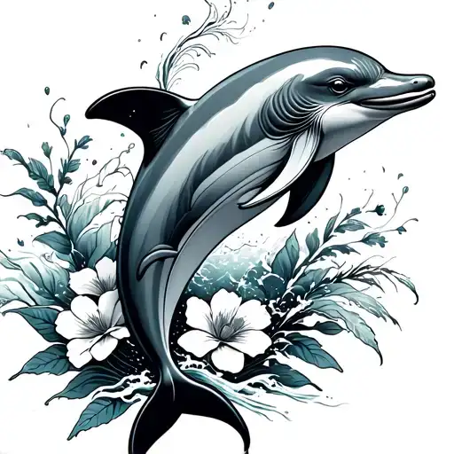 dolphin jumping wave floral fine line tattoo tattoo design idea