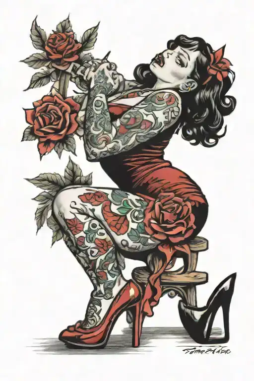 bbw tattooed kneeling high heels red tattoo design idea