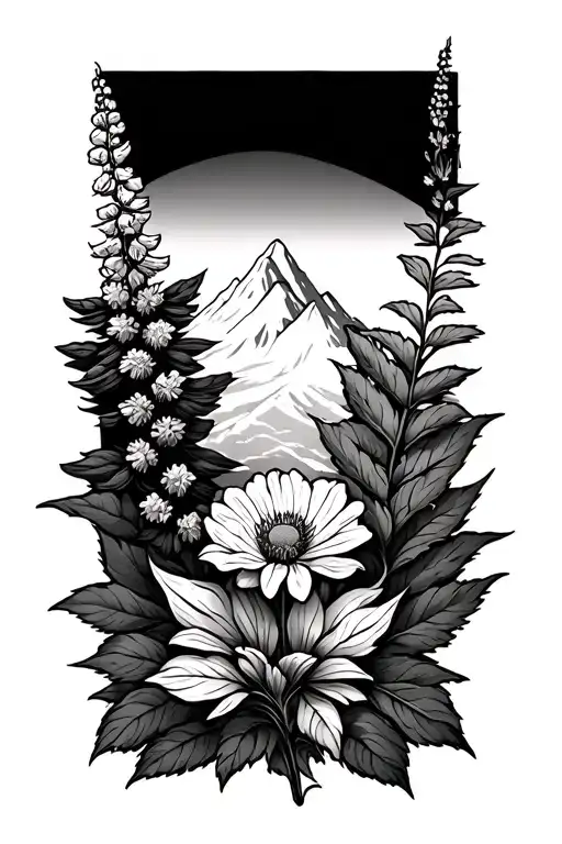 hyssop flower and mountain peak tattoo design idea