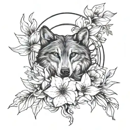 Generate a forearm tattoo design for me with a Black tattoo with a blue-eyed wolf and a moon, an owl, a lily lady, and a tattoo design idea