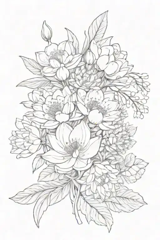 2 snowdrops, carnation, Sakura, aster, water lily, rose, peony, and chrysanthemum bouquet tattoo design idea