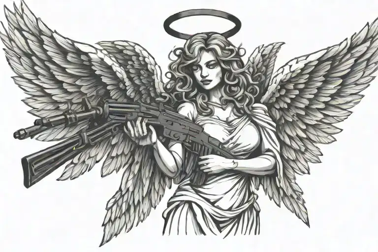 angel with large wings holding an AK-47 in her hand. tattoo design idea