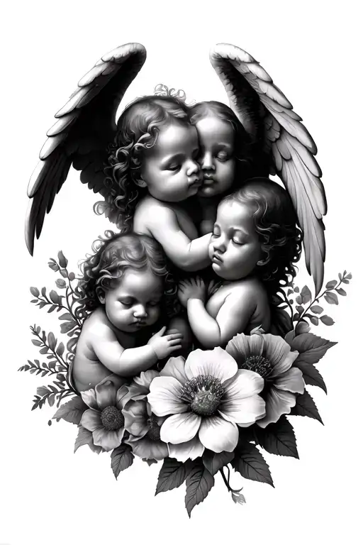 3 baby angels hear no speak no see and flowers  tattoo design idea