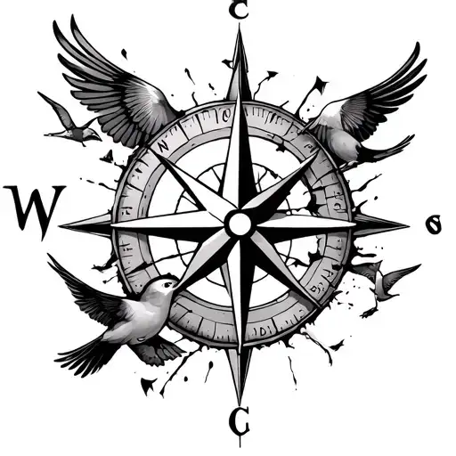compass star breaking into birds flying tattoo design idea
