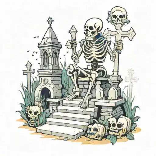 a skeleton jester on top of a gothic graveyard with many graves tapering of into simplistic graves and cross.. tattoo design idea