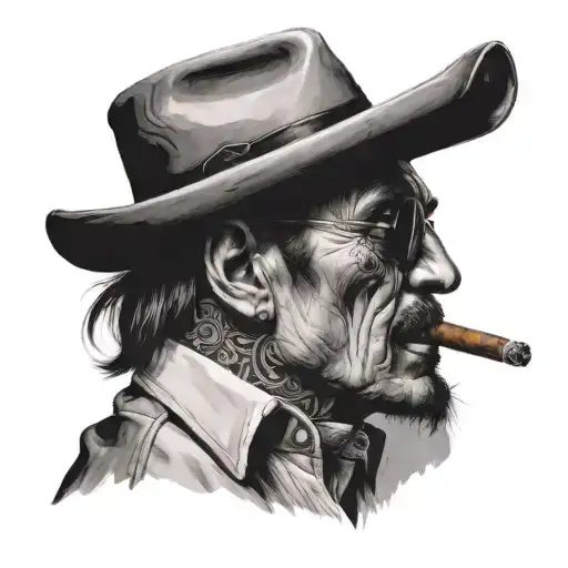 A black and grey portrait of a rock star smoking a cigar with family members in the background tattoo design idea