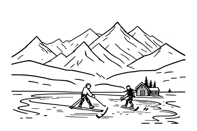 father and son playing pond hockey, mom watching from house, mountains and trees in background  tattoo design idea