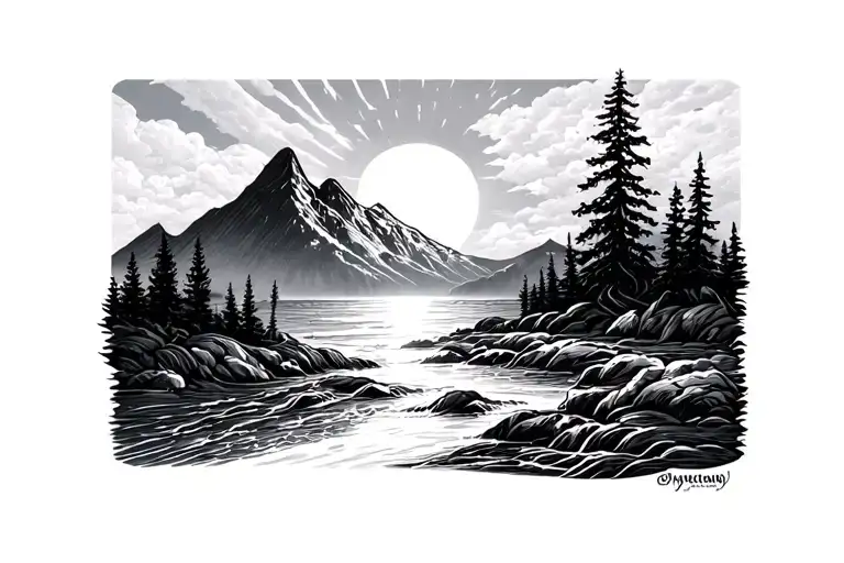 arm band well blend mountain, river, sea and sun rising tattoo design idea