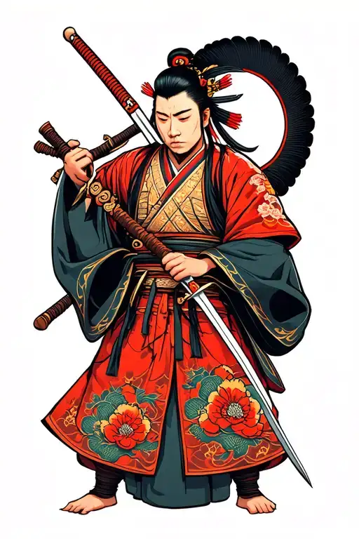 japanese samuri holding sword wrapped tattoo design idea