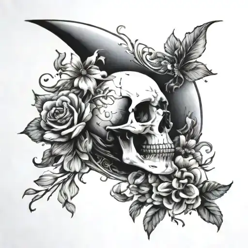 crescent moon with skull and flowers blooming  tattoo design idea