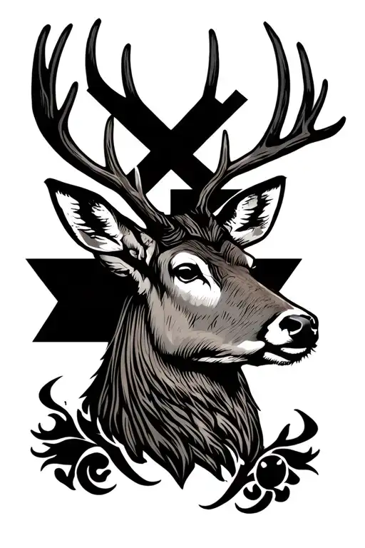 Deer head with a cross behind it and a tattoo design tattoo design idea