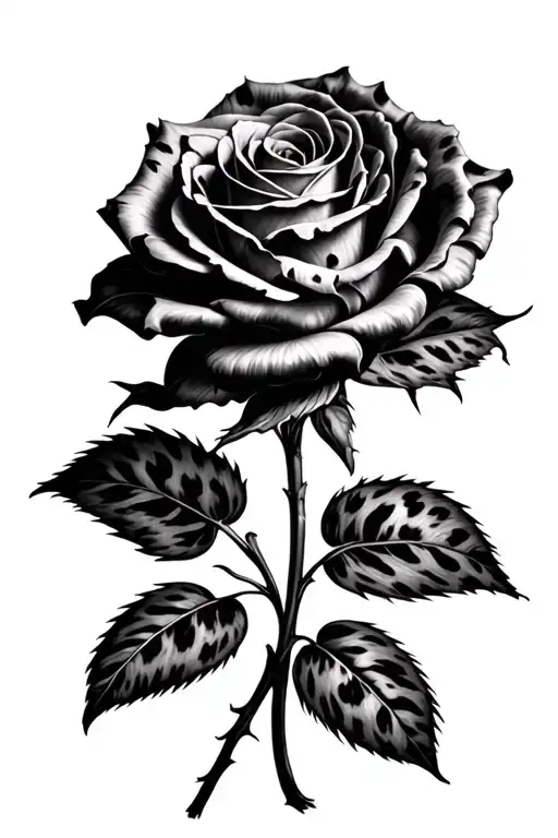 photo realistic rose with cheetah print and stem tattoo design idea