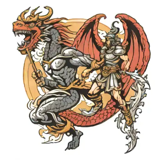 On the left is the Roman God Mars with a spear in his hand, next to him is a dragon. Above them is the light of the sun through clouds and lightning tattoo design idea