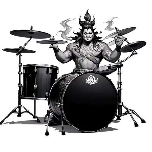 Raijin playing the drums amidst tattoo design idea