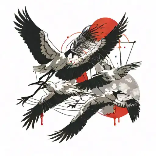 Have three cranes circling around a bright red sun, circling around the sun as if they are worshipping the sun. The bird tattoo design idea