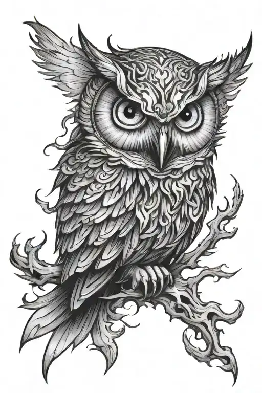  scary owl with blue eyes like fire tattoo design idea