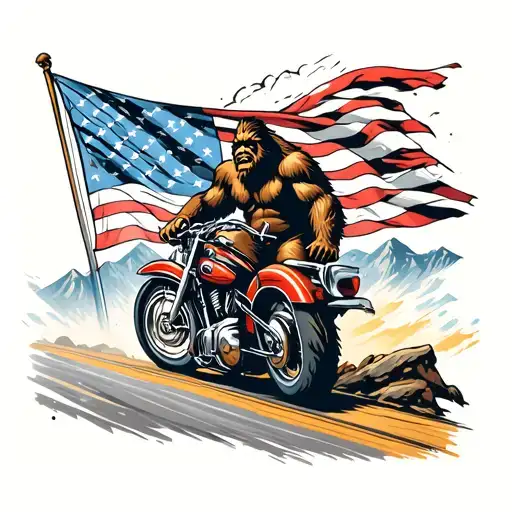 A mystical scene of Bigfoot riding a Harley road glide through the mountains, with the American flag flying in the background tattoo design idea