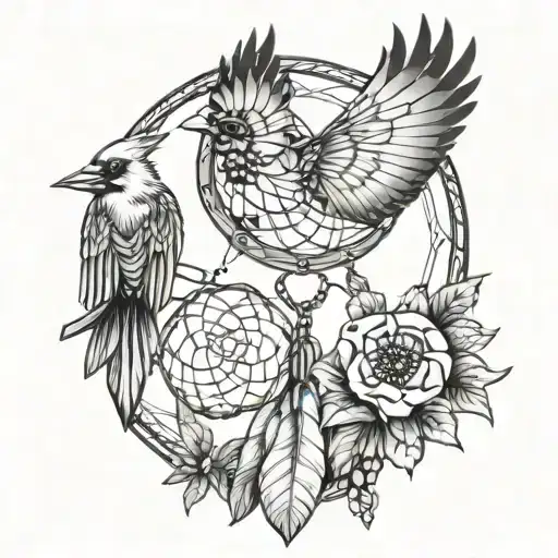 dream catcher with cardinal bird with lady bug with monarch butterfly  tattoo design idea